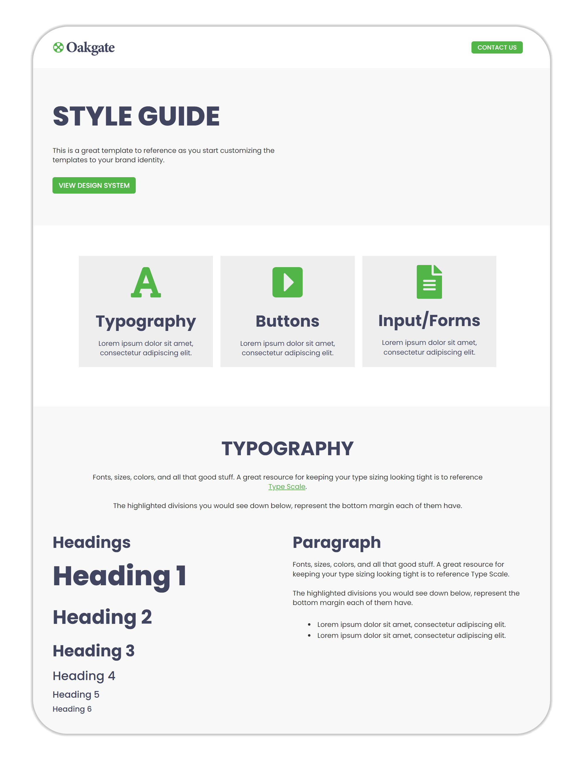 Oakgate Style Guide document featuring brand identity elements. Shows logo, "STYLE GUIDE" heading, and sections for Typography, Buttons, and Input/Forms with green icons. Bottom displays typography samples including six heading levels and paragraph text with bullet points.